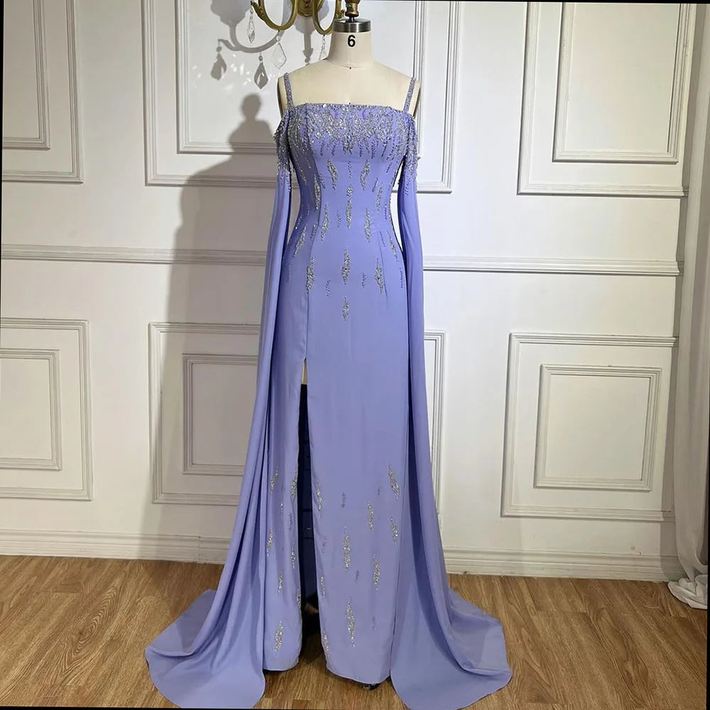 Vestido de noche sirena lila con mangas estilo capa, vestido de fiesta de boda de lujo LA72407