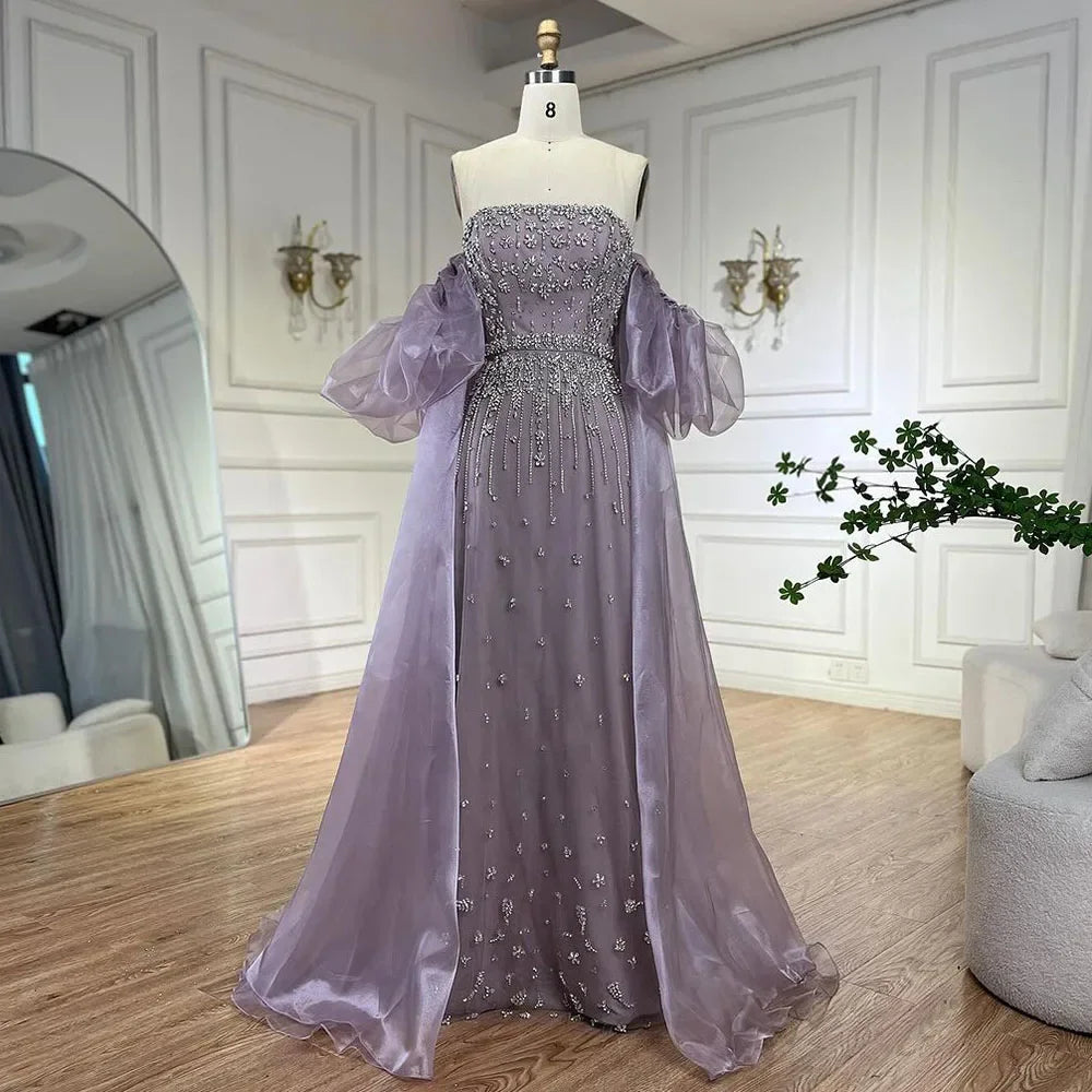 2025 Black Beaded Mermaid Evening Dresses Gowns with Puff Sleeves Overskirt for Formal Occasion LA72002