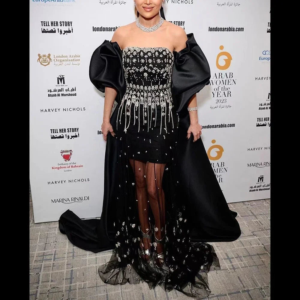 2025 Black Beaded Mermaid Evening Dresses Gowns with Puff Sleeves Overskirt for Formal Occasion LA72002