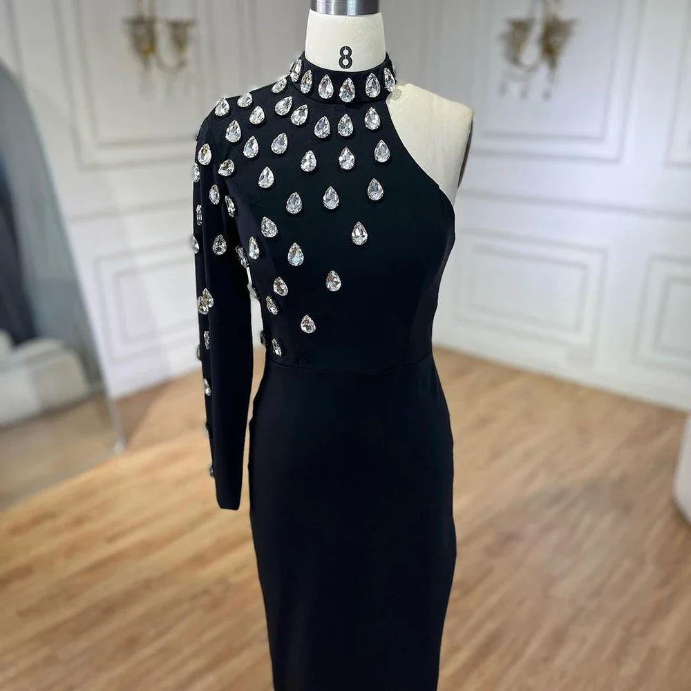 2025 Black One Shoulder Elegant Split Side with Crystal Beaded Mermaid Evening Dress Gowns for Women's Party LA72371