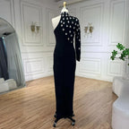 2025 Black One Shoulder Elegant Split Side with Crystal Beaded Mermaid Evening Dress Gowns for Women's Party LA72371