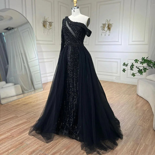2025 Schwarzes One-Shoulder-Abendkleid mit Überrock, luxusbesetzt, mit Perlen besetzt, für formelle Anlässe, Party, LA72424A 