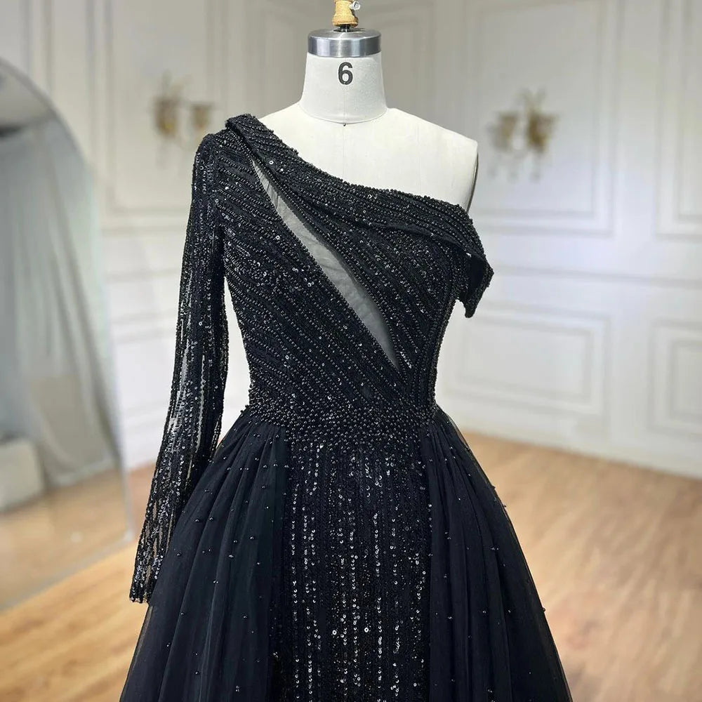2025 Black One-Shoulder With Overskirt Luxury Beaded  Formal Occasion Evening Dresses Gowns for Women Party LA72424A