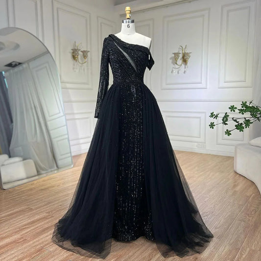 2025 Black One-Shoulder With Overskirt Luxury Beaded  Formal Occasion Evening Dresses Gowns for Women Party LA72424A