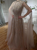 Blaues Abendkleid in A-Linie mit Perlen und Cape-Ärmeln LA72728