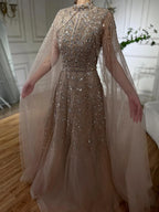 Blaues Abendkleid in A-Linie mit Perlen und Cape-Ärmeln LA72728