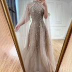 Blaues Abendkleid in A-Linie mit Perlen und Cape-Ärmeln LA72728