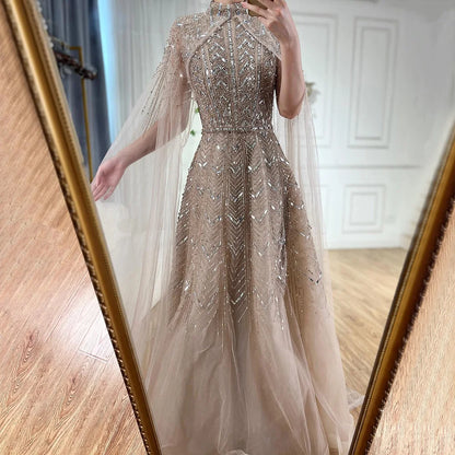 Vestido de noche azul con cuentas, corte A y mangas estilo capa LA72728