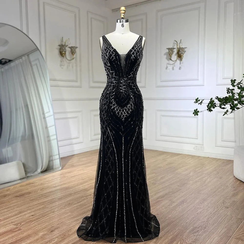 2025 Blue Mermaid Elegant Spaghetti Straps Beaded Luxury Evening Dresses Gowns for Woman Wedding Party LA72450