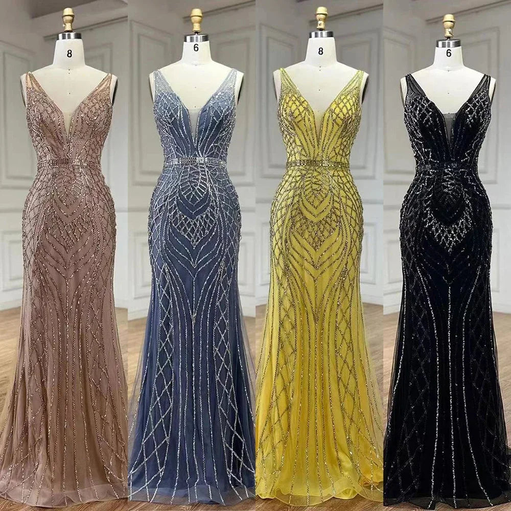 2025 Blue Mermaid Elegant Spaghetti Straps Beaded Luxury Evening Dresses Gowns for Woman Wedding Party LA72450