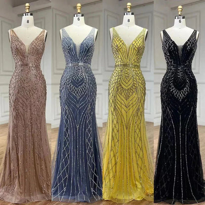 2025 Blue Mermaid Elegant Spaghetti Straps Beaded Luxury Evening Dresses Gowns for Woman Wedding Party LA72450