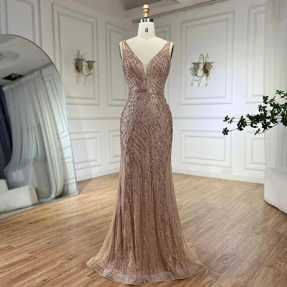 2025 Blue Mermaid Elegant Spaghetti Straps Beaded Luxury Evening Dresses Gowns for Woman Wedding Party LA72450