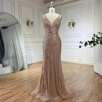 2025 Blue Mermaid Elegant Spaghetti Straps Beaded Luxury Evening Dresses Gowns for Woman Wedding Party LA72450