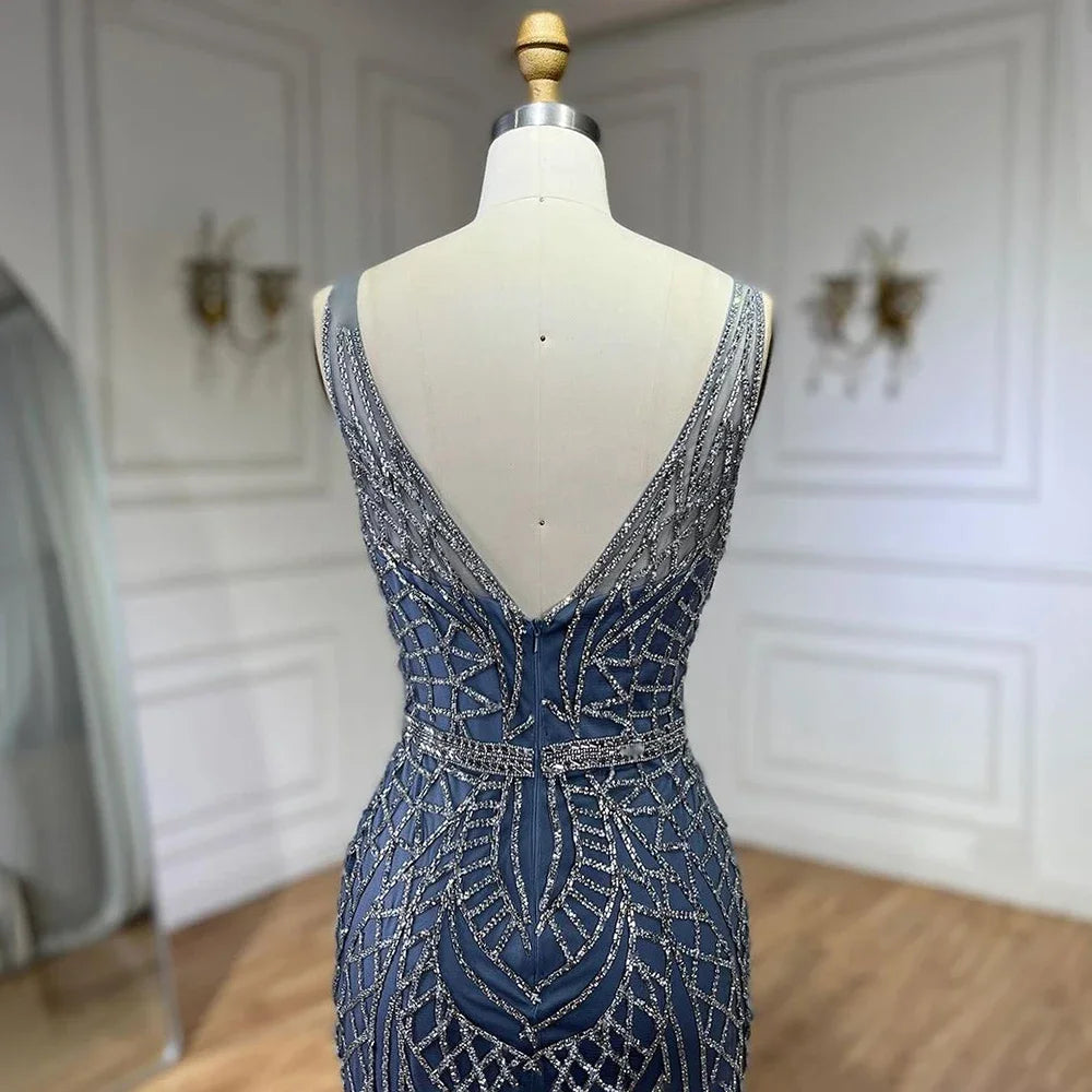 2025 Blue Mermaid Elegant Spaghetti Straps Beaded Luxury Evening Dresses Gowns for Woman Wedding Party LA72450