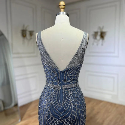 2025 Blue Mermaid Elegant Spaghetti Straps Beaded Luxury Evening Dresses Gowns for Woman Wedding Party LA72450