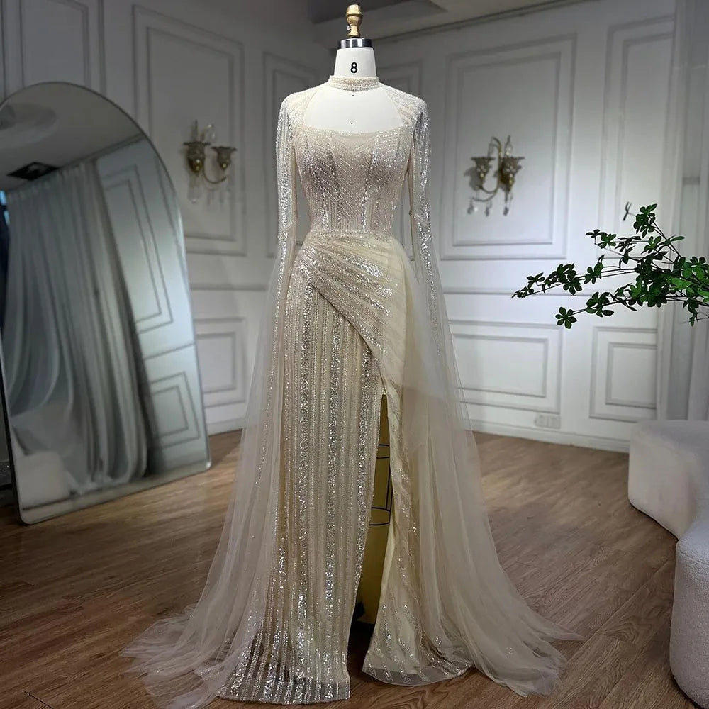 2025 Blue Mermaid Evening Gowns Luxury Beaded High Split Cape Sleeves Long Dresses for Women's Wedding Party LA72312