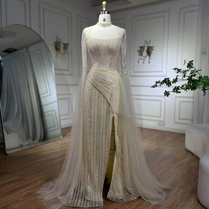 2025 Blue Mermaid Evening Gowns Luxury Beaded High Split Cape Sleeves Long Dresses for Women's Wedding Party LA72312