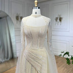 2025 Blue Mermaid Evening Gowns Luxury Beaded High Split Cape Sleeves Long Dresses for Women's Wedding Party LA72312