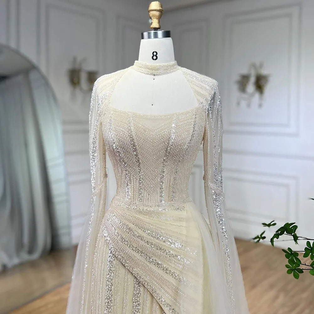 2025 Blue Mermaid Evening Gowns Luxury Beaded High Split Cape Sleeves Long Dresses for Women's Wedding Party LA72312