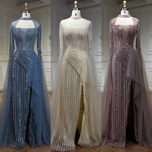 Vestidos de noche de sirena azul 2025, de lujo, con cuentas, abertura alta, mangas largas, para fiesta de boda de mujer LA72312 
