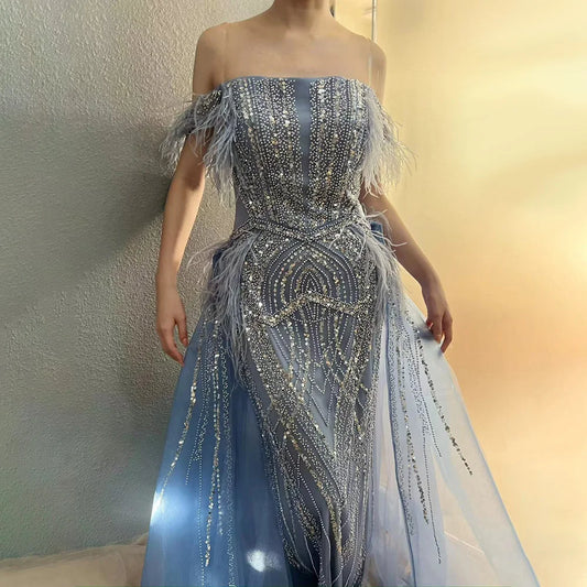 2025 Blue Mermaid Gown Luxury Feathers Beaded Saudi Evening Dress with Overlay Skirt for Formal Occasion LA72727