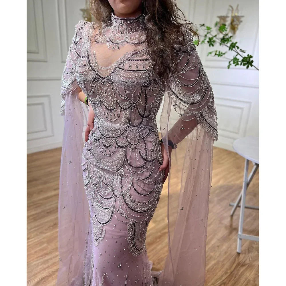 Green Luxury Dubai Mermaid Evening Dresses with Cape Sleeves LA72033