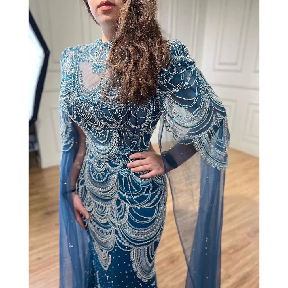 Green Luxury Dubai Mermaid Evening Dresses with Cape Sleeves LA72033