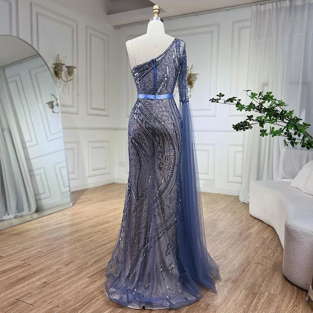 2025 Blue Mermaid One Shoulder Elegant Cape Sleeve Beaded Evening Dresses Gowns For Women Wedding Party LA72294