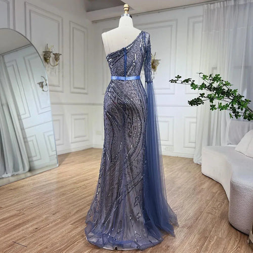 Vestido de noche elegante de sirena azul con un solo hombro y mangas estilo capa con cuentas para mujer, para boda o fiesta, LA72294 