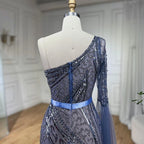 2025 Blue Mermaid One Shoulder Elegant Cape Sleeve Beaded Evening Dresses Gowns For Women Wedding Party LA72294