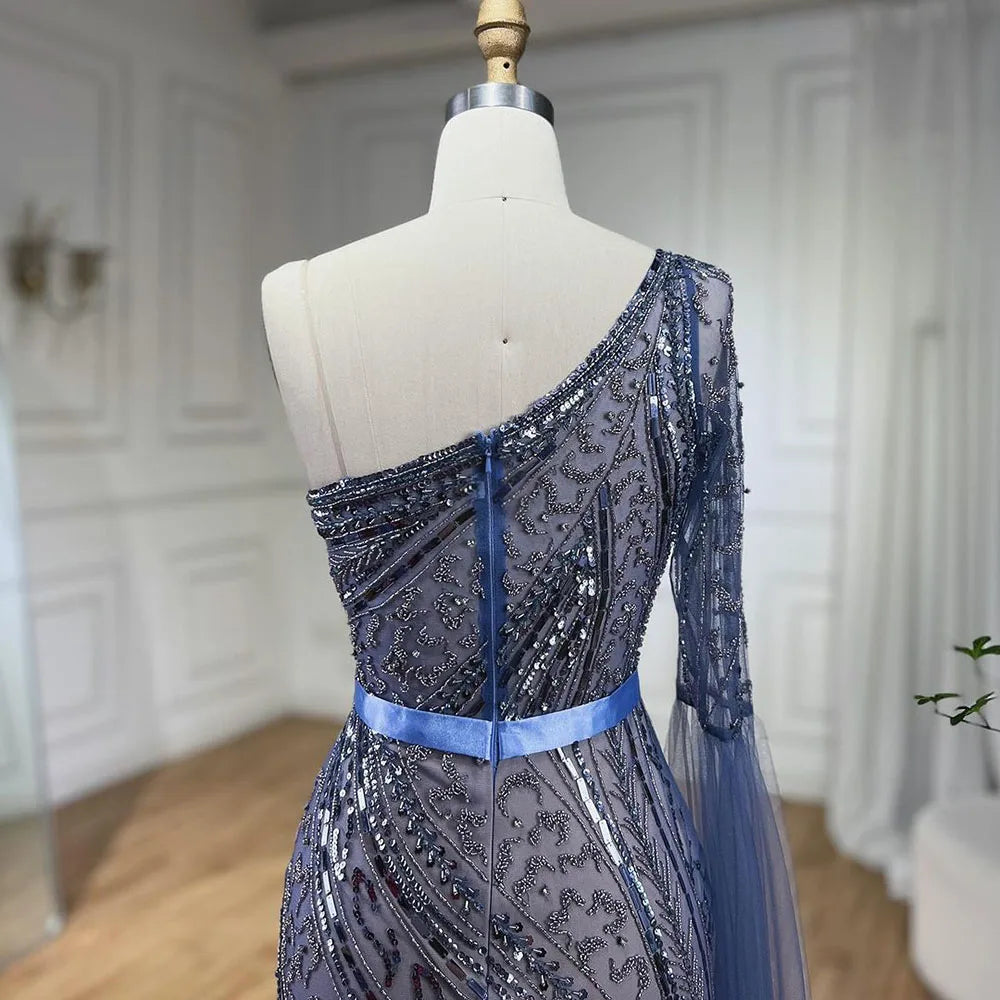 2025 Blue Mermaid One Shoulder Elegant Cape Sleeve Beaded Evening Dresses Gowns For Women Wedding Party LA72294