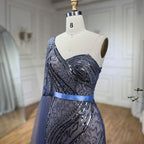2025 Blue Mermaid One Shoulder Elegant Cape Sleeve Beaded Evening Dresses Gowns For Women Wedding Party LA72294