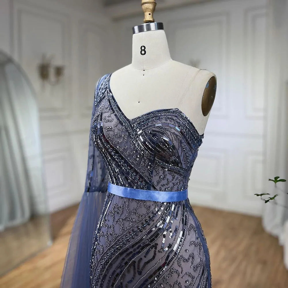 2025 Blue Mermaid One Shoulder Elegant Cape Sleeve Beaded Evening Dresses Gowns For Women Wedding Party LA72294