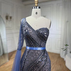 2025 Blue Mermaid One Shoulder Elegant Cape Sleeve Beaded Evening Dresses Gowns For Women Wedding Party LA72294