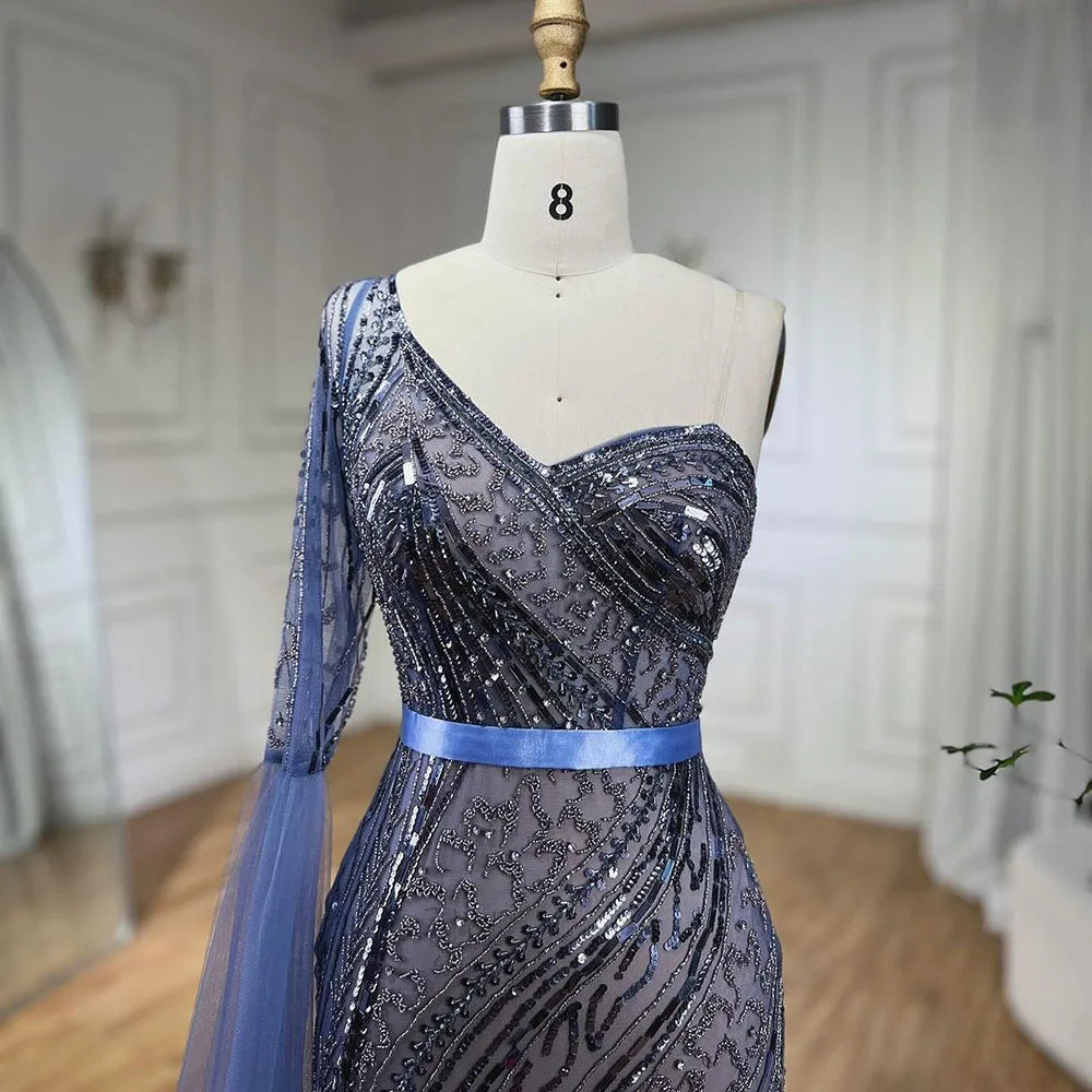 2025 Blue Mermaid One Shoulder Elegant Cape Sleeve Beaded Evening Dresses Gowns For Women Wedding Party LA72294
