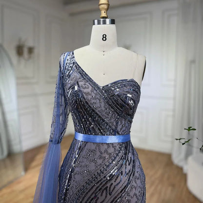 2025 Blue Mermaid One Shoulder Elegant Cape Sleeve Beaded Evening Dresses Gowns For Women Wedding Party LA72294
