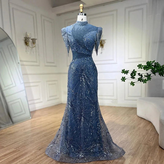 2025 Blue Mermaid Pink Elegant Beaded Short Tassel Luxury Evening Dresses Gowns for Woman Wedding Party LA72417