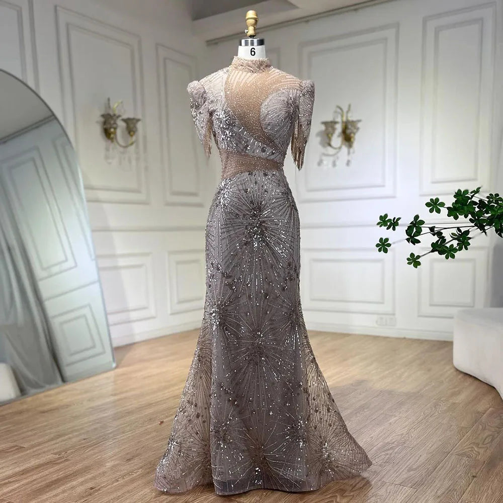 2025 Blue Mermaid Pink Elegant Beaded Short Tassel Luxury Evening Dresses Gowns for Woman Wedding Party LA72417