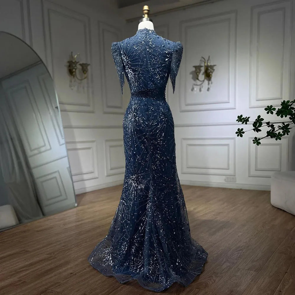 2025 Blue Mermaid Pink Elegant Beaded Short Tassel Luxury Evening Dresses Gowns for Woman Wedding Party LA72417