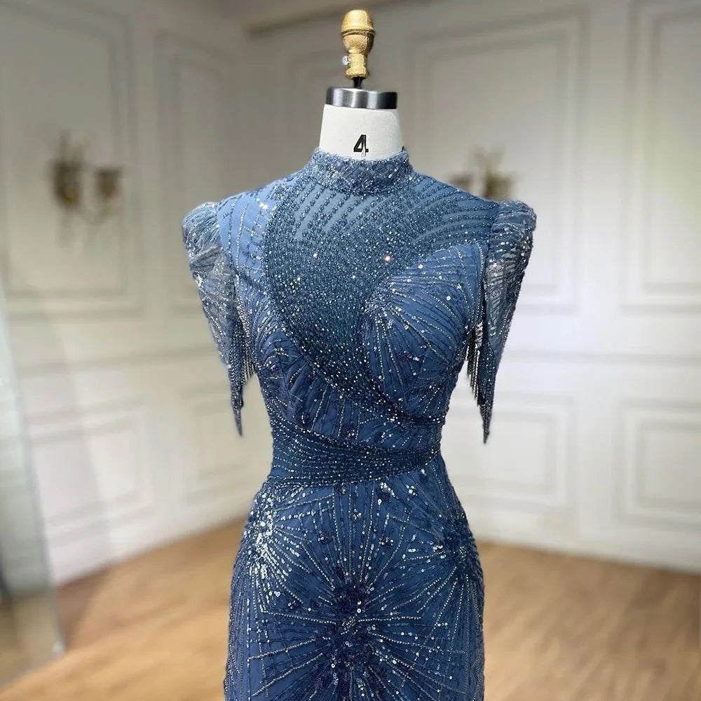 2025 Blue Mermaid Pink Elegant Beaded Short Tassel Luxury Evening Dresses Gowns for Woman Wedding Party LA72417