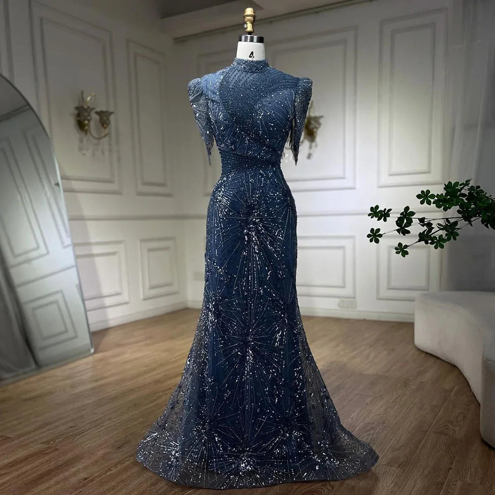 2025 Blue Mermaid Pink Elegant Beaded Short Tassel Luxury Evening Dresses Gowns for Woman Wedding Party LA72417