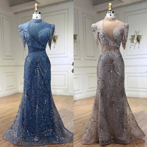 Vestido de noche elegante de sirena azul y rosa con borlas y cuentas cortas, de lujo, para mujer, para fiesta de boda, LA72417 