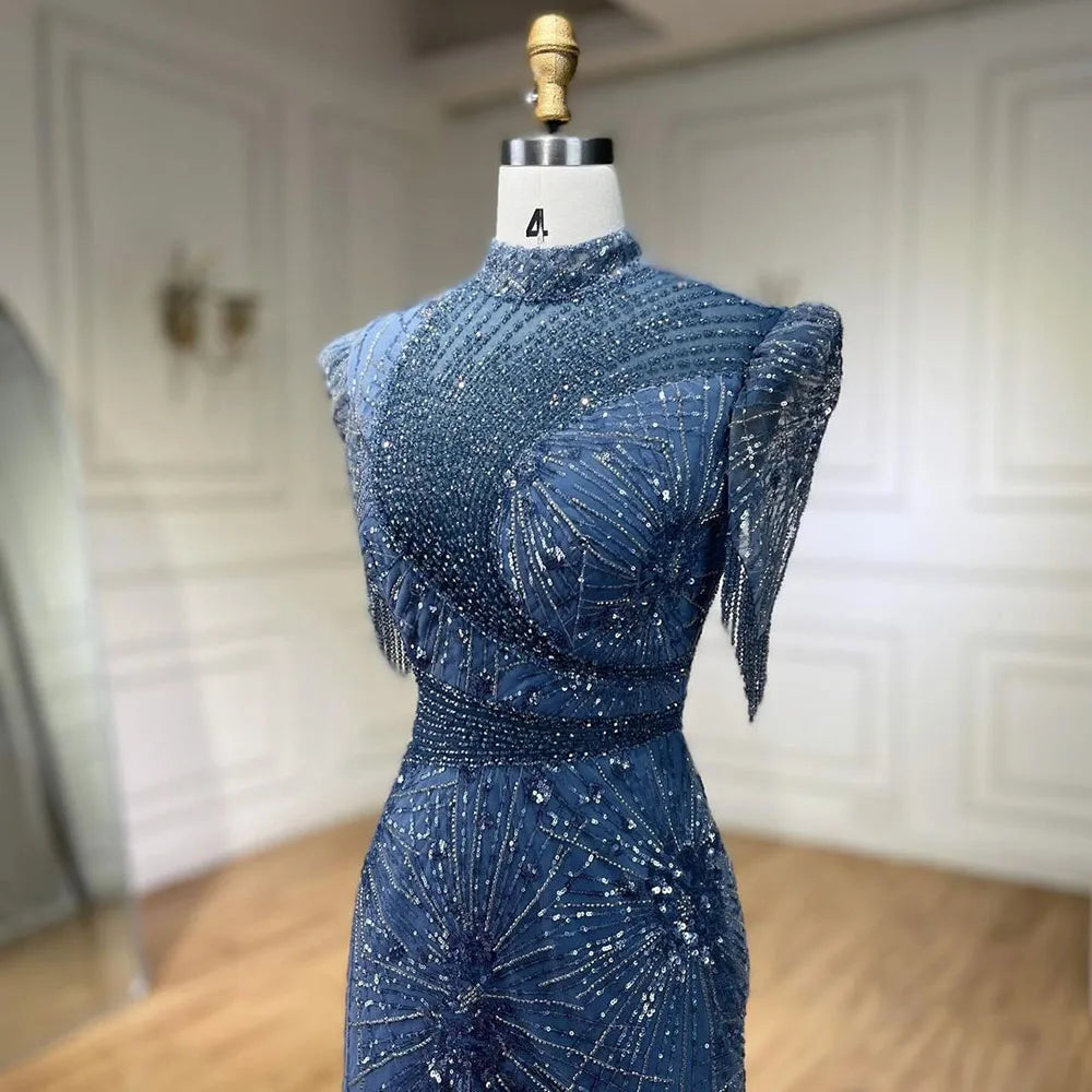 2025 Blue Mermaid Pink Elegant Beaded Short Tassel Luxury Evening Dresses Gowns for Woman Wedding Party LA72417