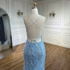 2025 Blue Mermaid Spaghetti Strap Beaded Luxury Evening Gown with Lace-Up Back for Women's Wedding Party LA72624