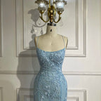 2025 Blue Mermaid Spaghetti Strap Beaded Luxury Evening Gown with Lace-Up Back for Women's Wedding Party LA72624