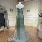 2025 Blue Mermaid Spaghetti Strap High Split Beaded Luxury Evening Dresses Gowns for Women Wedding Party LA72434