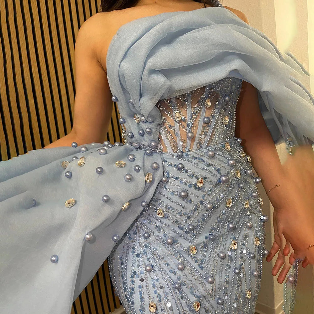 2025 Blue One Shoulder Split Beaded Pearls Luxury Mermaid Evening Dresses Gowns for Women Wedding Party LA72244A
