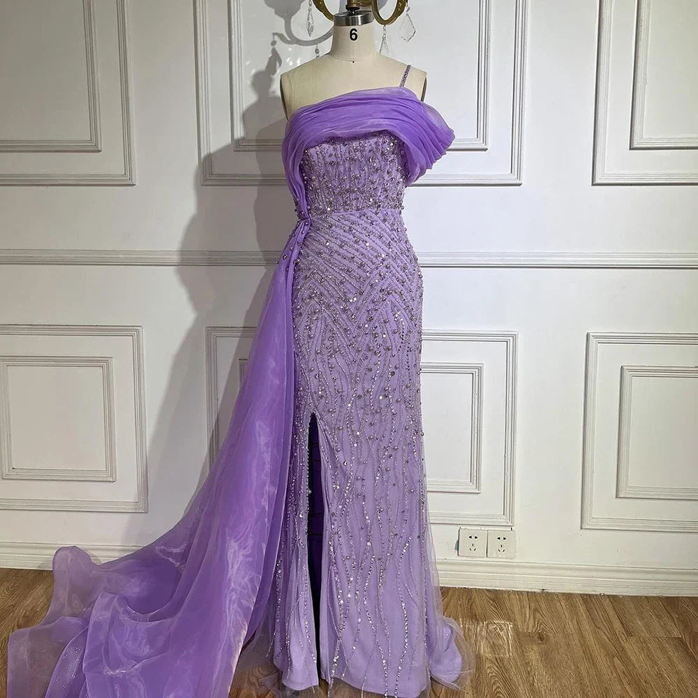 2025 Blue One Shoulder Split Beaded Pearls Luxury Mermaid Evening Dresses Gowns for Women Wedding Party LA72244A