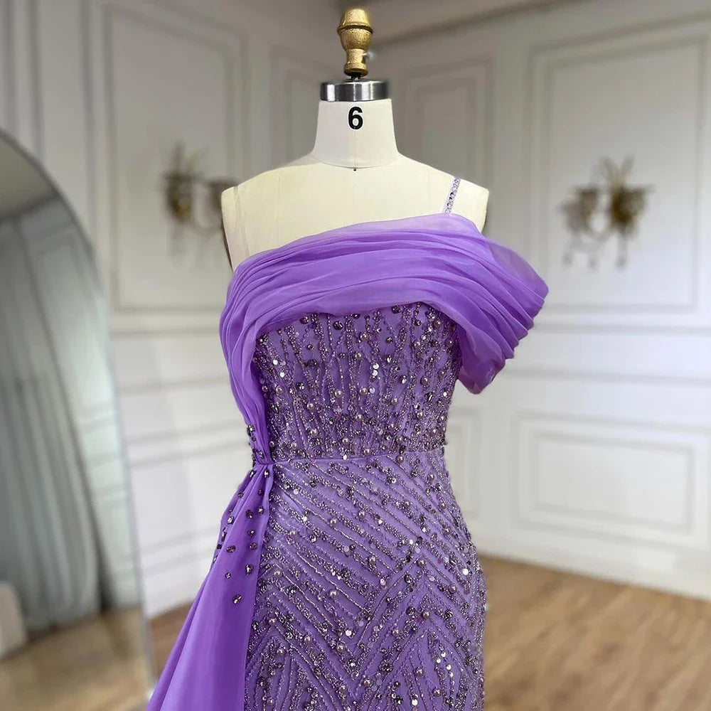 2025 Blue One Shoulder Split Beaded Pearls Luxury Mermaid Evening Dresses Gowns for Women Wedding Party LA72244A