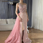 2025 Blue One Shoulder Split Saudi Evening Gown with Beaded Side Overskirt Dress for Formal Occasion LA72732
